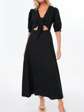 HYACINTH HOUSE Addie Cut-Out Dress Black Linen Blend Maxi Puff Sleeve NWT